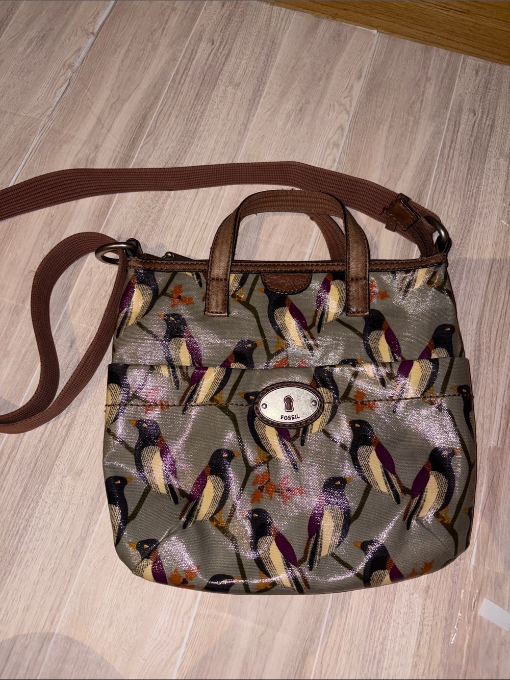 Fossil Olive Crossbody with Multicolor Bird Print